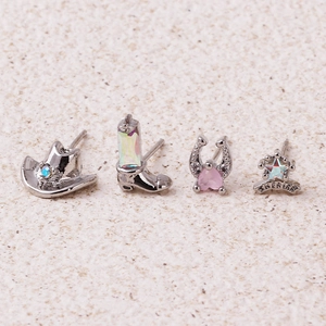 Western cowboy style silver stud earrings set with hat boot horseshoe and sheriff badge
