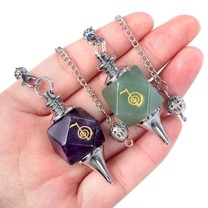 Cho Ku Rei Reiki healing crystal pendants in purple and green with silver chains