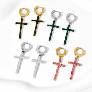 Detail view of 4 pairs of punk cross hoop earrings with multi-color zircon stones