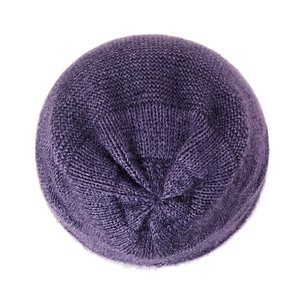 Deep purple squirrel velvet knitted beanie with textured grid pattern for winter warmth