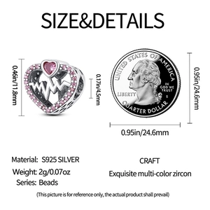 Macro detail of S925 silver heart charm with pink zircon and heartbeat scale guide