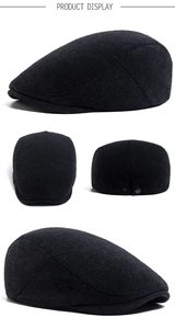 Detail view of herringbone wool newsboy cap showing side, front and back with metal buckle