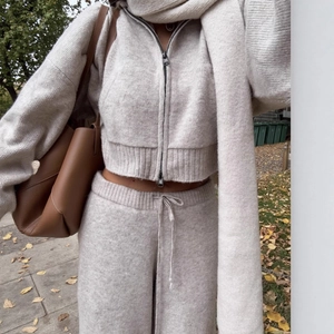 Women's oatmeal knitted lounge set with zip hoodie, wide leg pants, and matching scarf