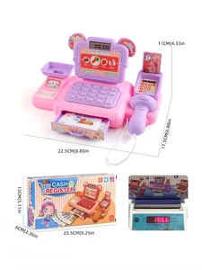Detailed view of pink checkout toy dimensions and digital scale weight measurement