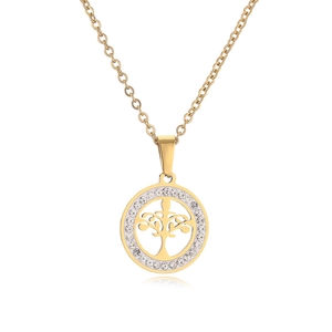 Collier pendentif Arbre de Vie doré avec strass blancs scintillants sur fond blanc