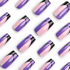 Modern purple glitter and pink geometric patchwork press-on nails with black curved lines