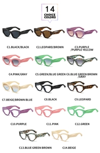 Detailed grid display of retro cat eye sunglasses showing 14 available color options