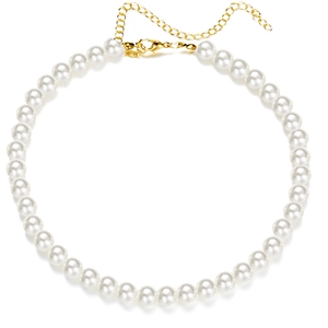 Close-up of vintage pearl necklace with golden lobster clasp and adjustable metal chain