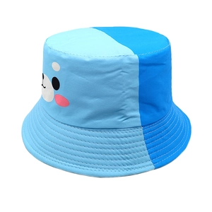 Detail of color-block kid bucket hat featuring bear face print and reinforced stitching