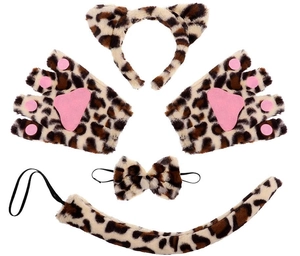 Detail of five-piece leopard print plush cat costume set with ears, paws, and tail