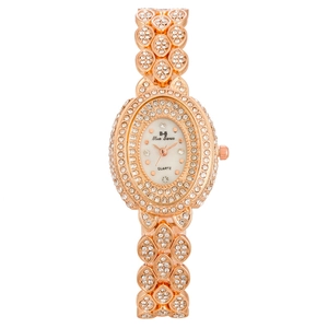 Elegant rose gold women's quartz watch with oval diamond bezel and leaf-shaped bracelet