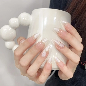 Handmade Press On Nails Coffin Shape Nude Pink White Marble Pattern Gold Wire Artificial Pearl Decoration Elegant Luxury Style For Women