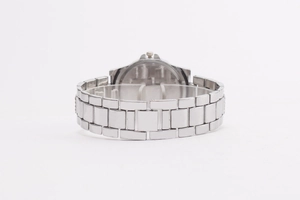 Detail view of the silver stainless steel watch strap and secure clasp mechanism