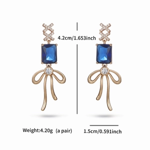 Blue geometric square earrings with bow detail and zirconia, size 4.2x1.5cm 4.2g