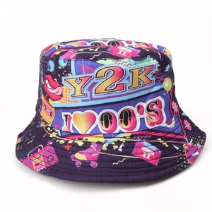 Reversible Y2K retro print bucket hat featuring 80s 90s vintage icons and patterns