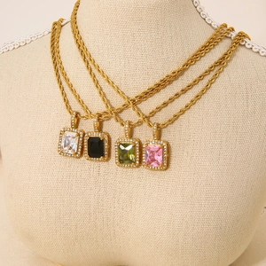 Stainless Steel Zirconia Pendant Necklace For Women 18K Gold Plated Twist Chain Rectangular Gemstone Fashion Jewelry Gift
