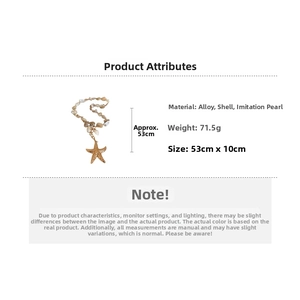Detail view of starfish necklace with shell and pearls showing dimensions 53cm and 10cm