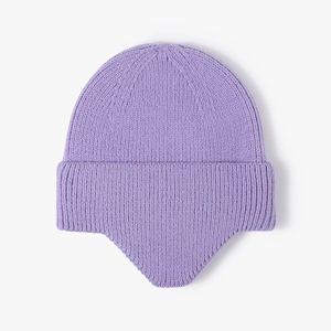 Women's light purple thick knitted ear protection beanie with stylish turn-up cuff