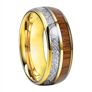 Men's 8mm stainless steel ring with gold edges, silver meteorite and brown wood inlay