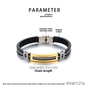 Detailed view of the adjustable 210x11mm stainless steel and black silicone men's bracelet