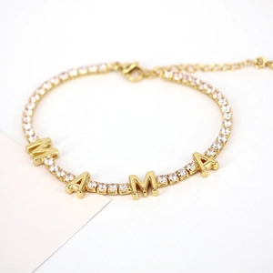 Gold-plated MAMA letter bracelet with shimmering micro-pave cubic zirconia stones