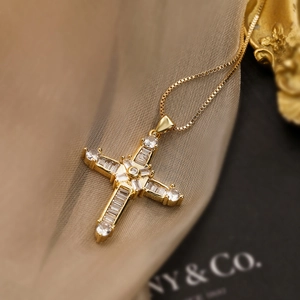18K gold plated cross pendant necklace with rectangular zircon stones on a gold box chain