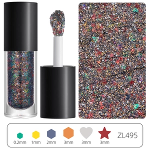 Detail of glitter gel showing mixed hexagon, heart, and star shapes in liquid base