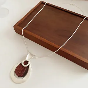 Retro waterdrop wood pendant necklace with silver snake chain for bohemian style look