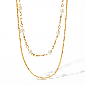 Collana a doppio strato in acciaio inossidabile dorato con perle finte e catena a serpente