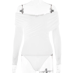 Close-up of white off-shoulder bodysuit featuring cross pleated chest and elastic fabric detail