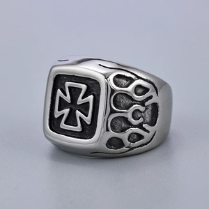 Vintage stainless steel iron cross ring with engraved flame patterns in punk style