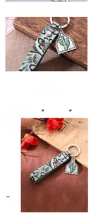 Detail of vintage embossed leather keychain with silver cactus pendant and turquoise pattern