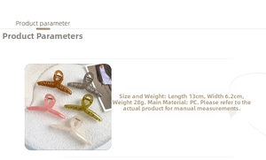 Detail view of large PC hair claws in 5 colors with size specs 13cm length