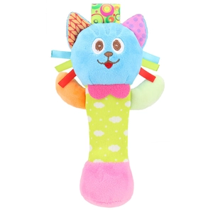 Colorful plush cat baby rattle with ribbons and soft sensory textures for infant grip