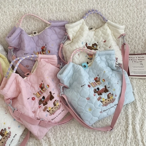 Quilted heart-pattern bags with cartoon dog embroidery in pastel colors with pink strap