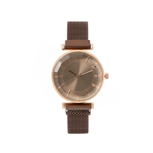 Montre à quartz minimaliste pour femme avec cadran brun et bracelet en maille d'or rose