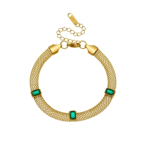 Bracelet vintage en maille d'acier inoxydable avec pierres carrées vertes et fini doré