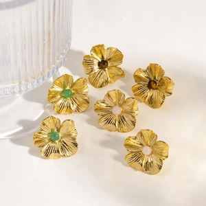3D floral stainless steel earrings with gold plating and natural stone inlays for women