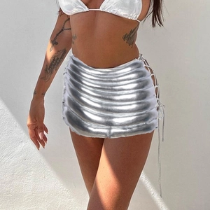 Women Metallic Quilted Mini Skirt Side Lace Up Padded Bodycon Water Resistant Sexy Y2K Streetwear