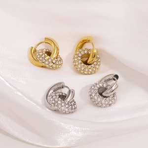 18K gold and silver plated stainless steel hoop earrings with sparkling rhinestones