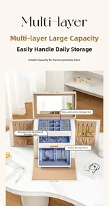 Detail view of multi-layer jewelry organizer with interior mirror and velvet compartments