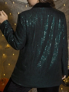 Women's black sequin blazer with green vertical stripes for party fashion style