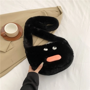 Cute black plush shoulder bag with funny cartoon eyes and pink sausage mouth details