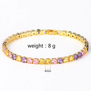 Detail of 4mm gold bracelet with multi-color zircon stones and 8g weight specification