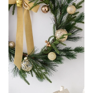 50cm Nordic Christmas wreath with green pine needles, gold ornaments and velvet ribbon