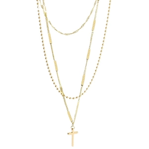 Three-layer gold titanium steel necklace featuring a cross pendant and beaded chain detail