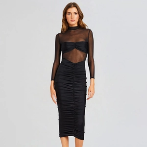 Detail of sheer mesh paneling and ruched bodycon design on a black long sleeve dress