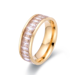 Minimalist gold-plated titanium steel ring featuring full square-cut zircon stones inlay
