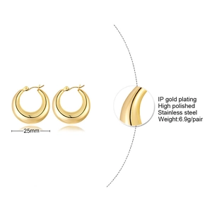 Detail showing 25mm 18K gold plated stainless steel hollow hoop earrings with high polish