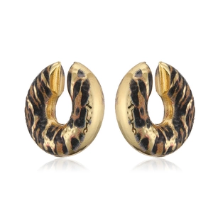 Golden C-shaped hoop earrings with brown leopard print pattern and glossy metal finish